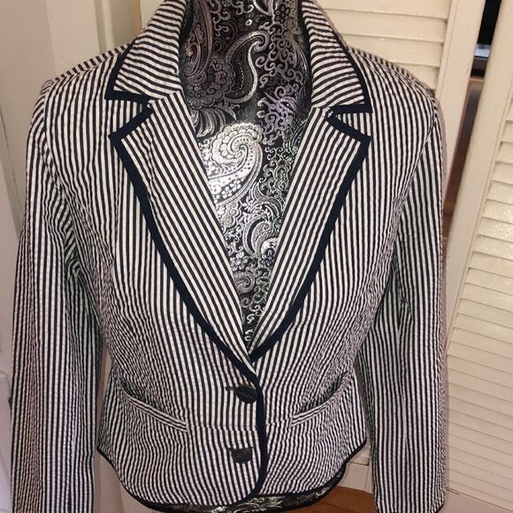 Sandro Nautical Detail Navy Stripe Peplum Flare Blazer in Cotton Gingham Pockets - Picture 1 of 17